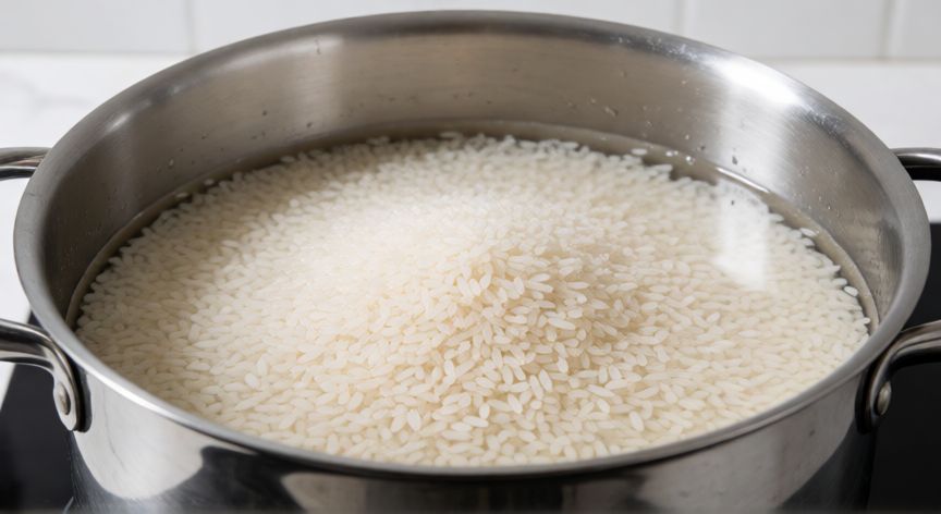 como hacer 5 kilos de arroz, Olla grande con arroz crudo y agua lista para la cocción