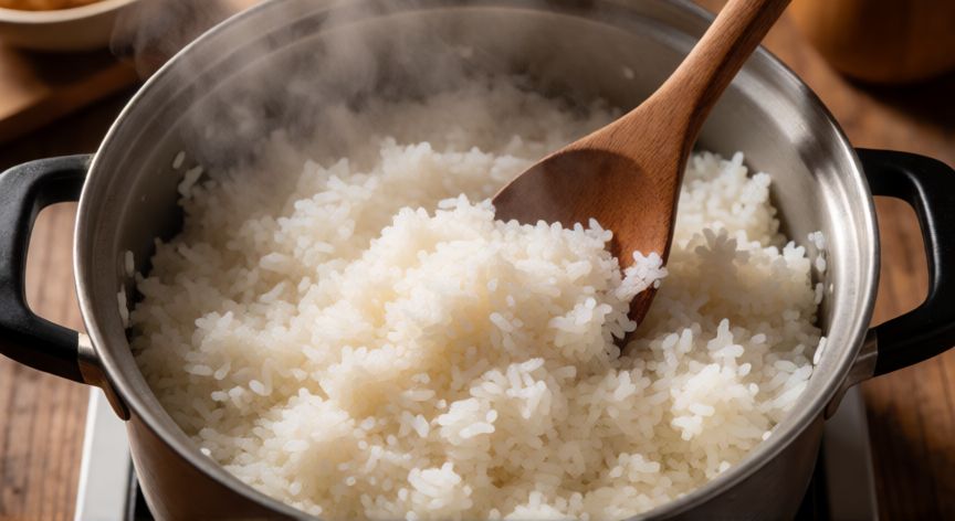 como hacer 5 kilos de arroz, Arroz blanco cocido y suelto en una olla grande con vapor ascendente