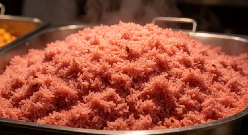 como hacer 5 kilos de arroz rojo, Plato grande con arroz rojo cocido y suelto listo para servir