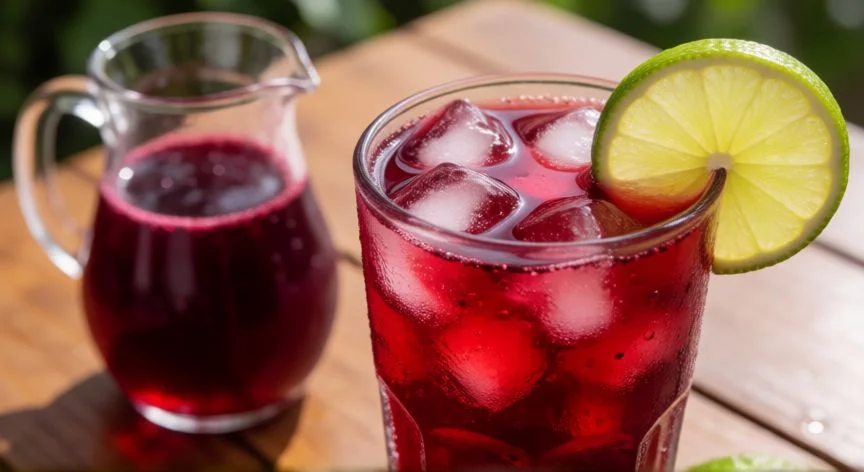 como hacer 5 litros de agua de jamaica, Vaso de agua de jamaica con hielo y rodaja de limón sobre una mesa