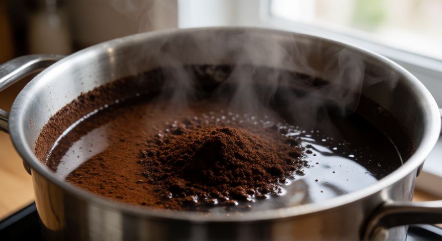 como hacer 5 litros de cafe, Olla grande con café molido y agua preparándose