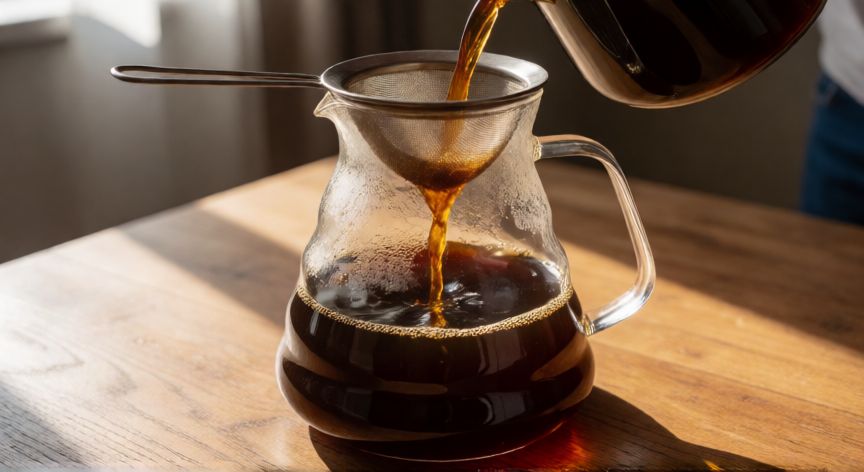 como hacer 5 litros de cafe, Servir café recién hecho en una jarra de vidrio