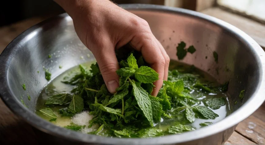como hacer 5 litros de mojito, Detalle del machaqueo de la hierbabuena y el limón para preparar el mojito masivo
