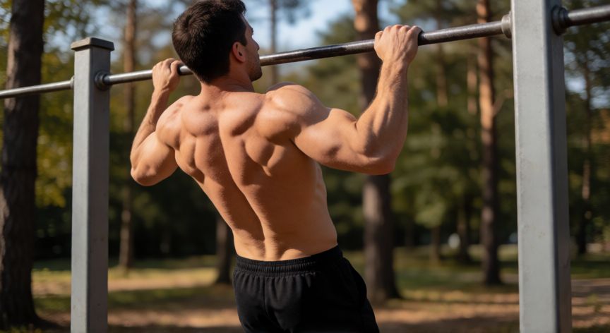 Atleta realizando una dominada en barra al aire libre