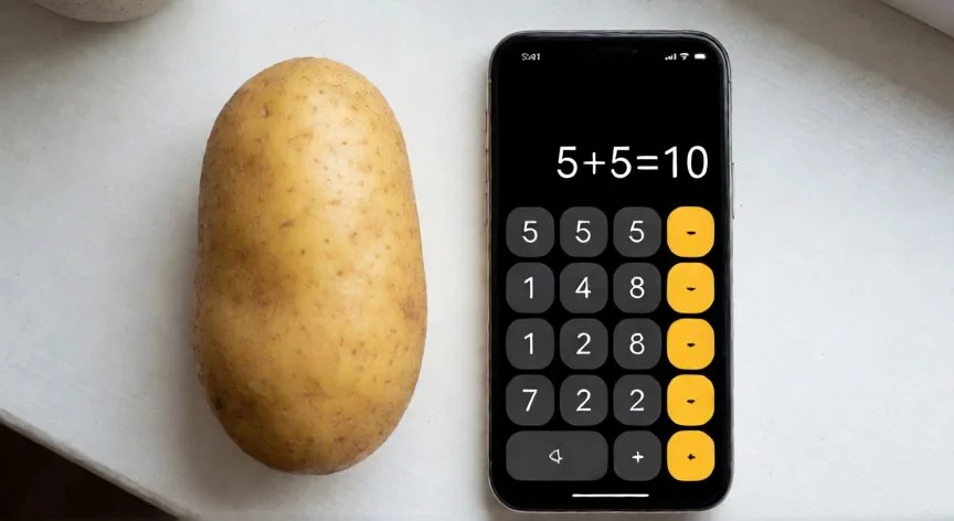 como hacer 5+5 patata en la calculadora, Patata junto a una calculadora móvil mostrando la suma