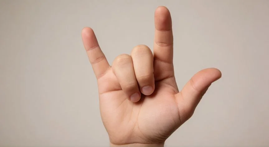 Mano derecha formando el signo del número seis en lengua de signos española con meñique y pulgar unidos