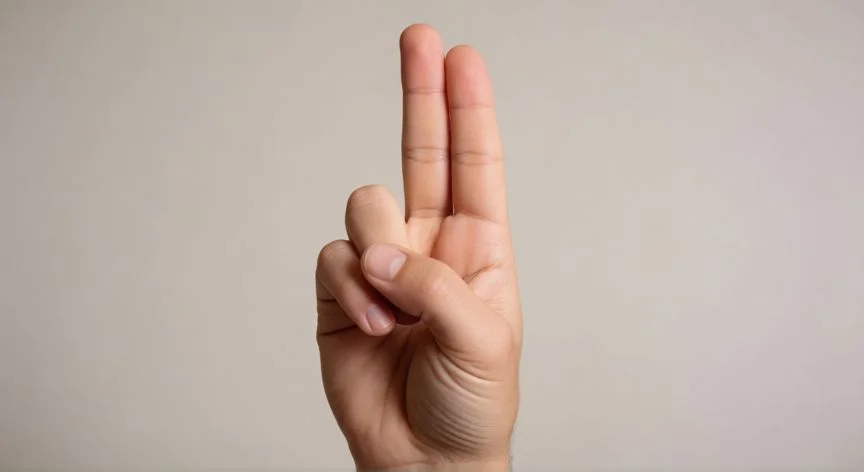 como hacer 6 7 con las manos, Mano derecha mostrando el signo del número siete en lengua de signos con índice y corazón extendidos juntos