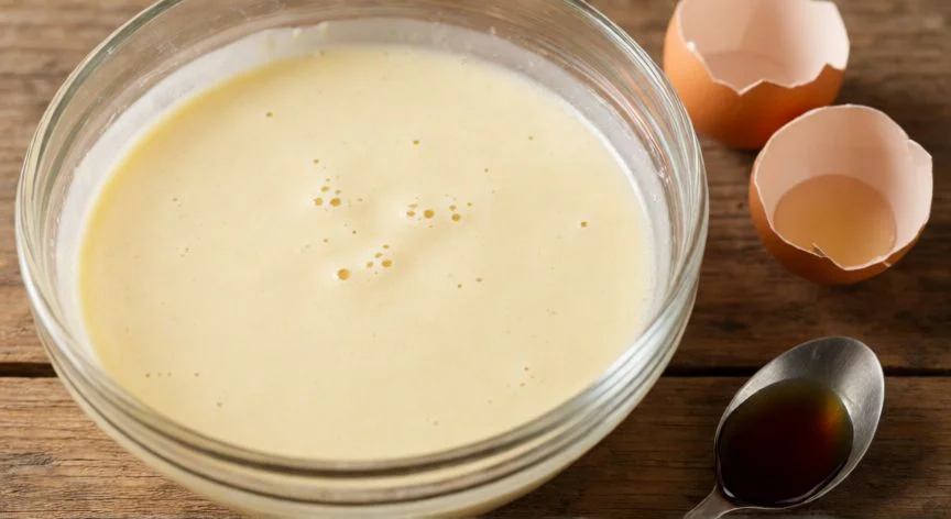 Masa líquida para crepes en un bol de cristal sobre mesa de madera