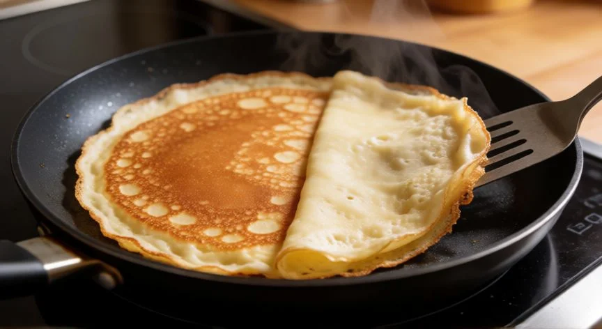 como hacer 6 crepes, Crepe dorándose en sartén antiadherente con ayuda de espátula