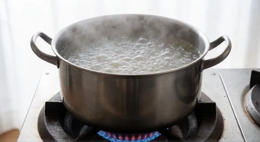 Olla grande con agua hirviendo preparada para cocinar arroz