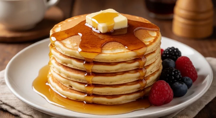 como hacer 6 panqueques, Pila de panqueques con fresas, chocolate y crema montada en plato blanco
