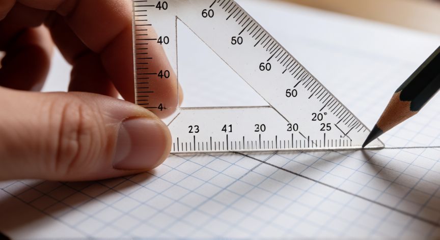 Uso de escuadra triangular para trazar ángulo de 60 grados sobre papel milimetrado