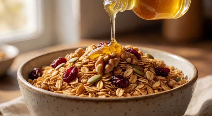 Bowl de granola casera crujiente con miel y nueces