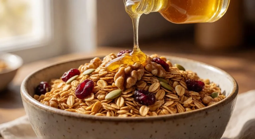 como hacer 7 cereales, Bowl de granola casera crujiente con miel y nueces