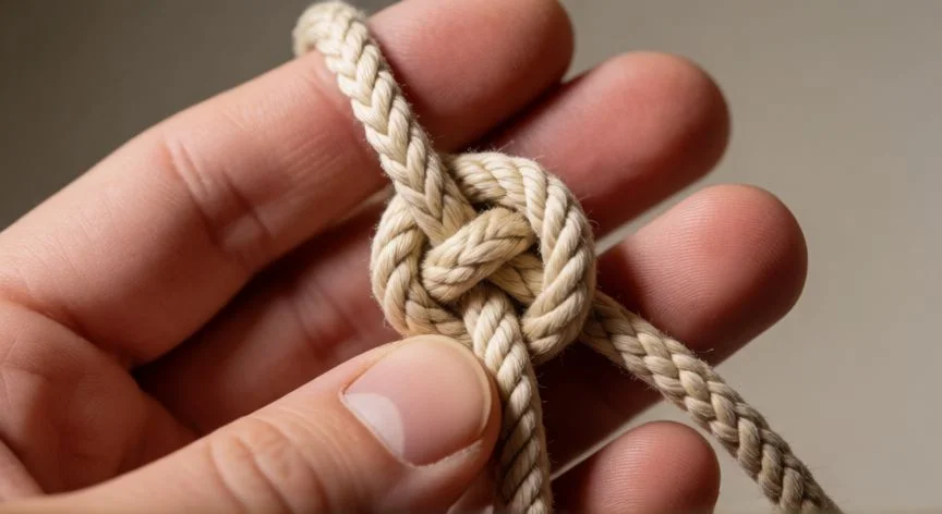 Detalle de un nudo de amarrar atado en una cuerda resistente