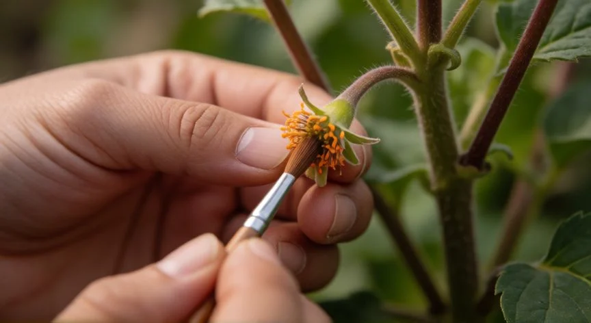 Proceso de polinización manual con pincel fino en floración vegetal