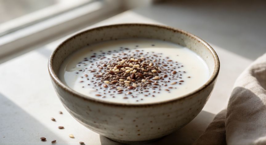 como hacer 7 semillas con leche, Bolsa de barro con semillas chía linaza y sesamo remojando en leche fresca