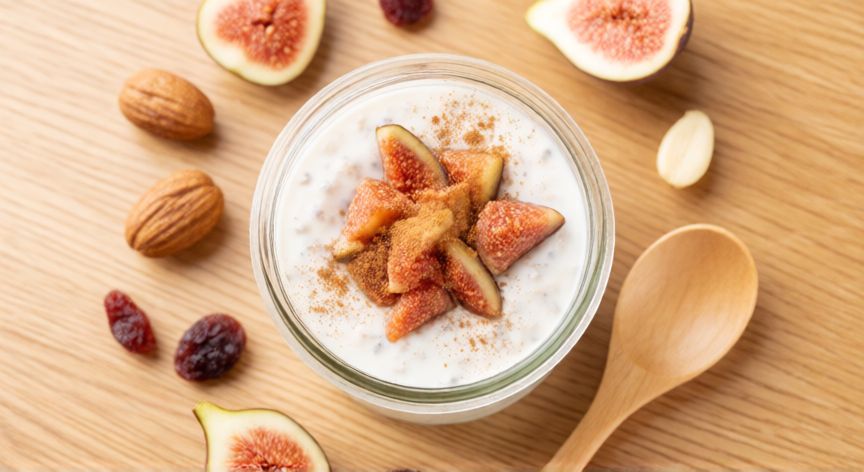 como hacer 7 semillas con leche, Tarro de cristal con postre de semillas con leche terminado con higos y canela