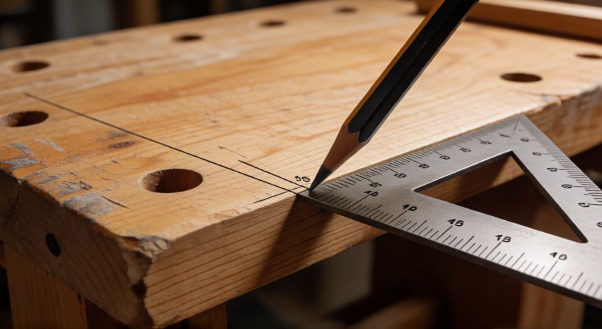 Marcado de ángulo de 45 grados con escuadra sobre madera
