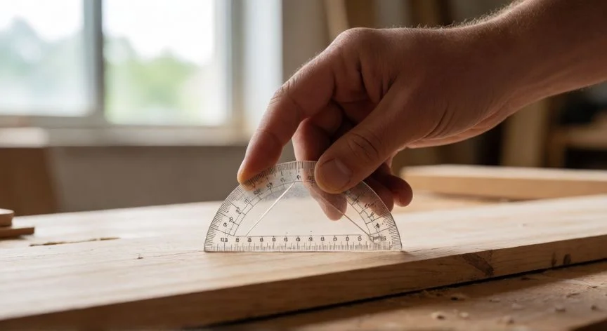 como hacer 75 grados con escuadras, Verificación de ángulo con transportador transparente sobre madera