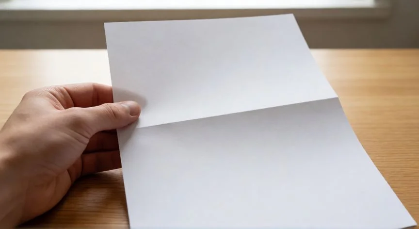 Manos plegando papel para crear un avión de paso a paso sobre mesa de madera