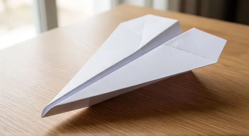 como hacer 7n avion de papel, Avión de papel clásico en vuelo con alas simétricas contra cielo azul