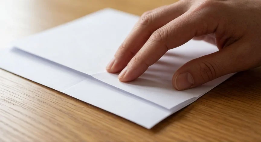Manos plegando una hoja de papel blanca sobre una mesa de madera