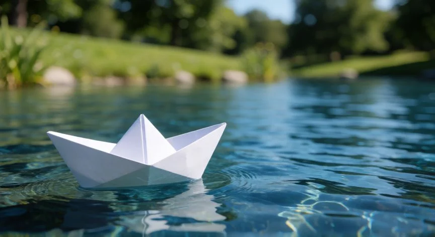 como hacer 7n barco de papel, Barco de papel blanco flotando en el agua de un estanque