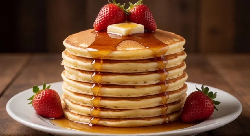 como hacer 8 hot cakes, Pila alta de 8 hot cakes dorados con mantequilla y sirope