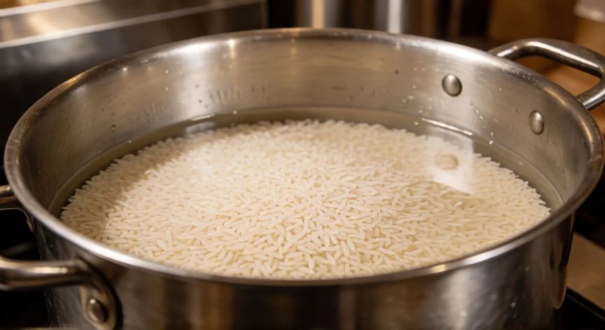 Olla grande con arroz y agua lista para cocinar