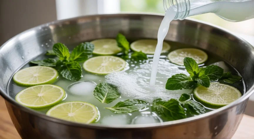 como hacer 8 litros de mojito, Preparación de ingredientes para 8 litros de mojito en una cuba grande