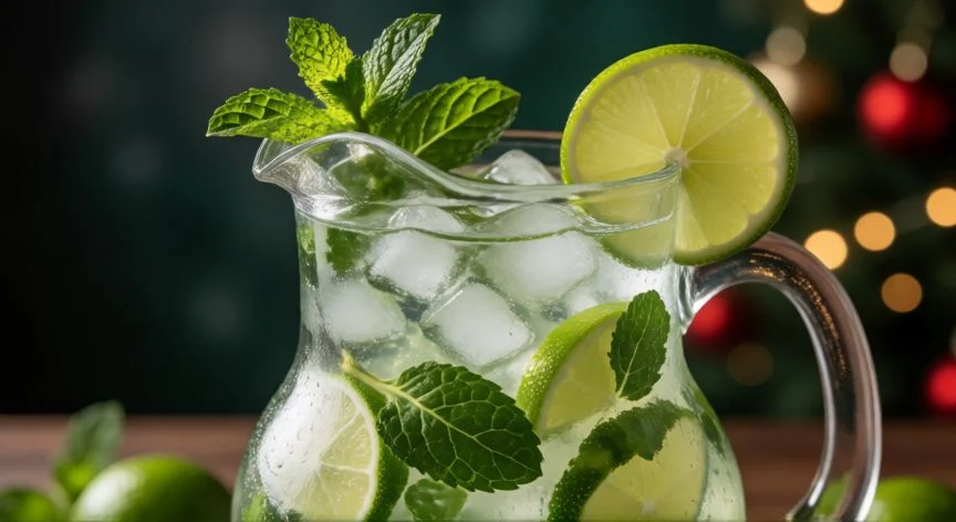 como hacer 8 litros de mojito, Jarra grande de mojito con hielo y decoraciones de menta y limón