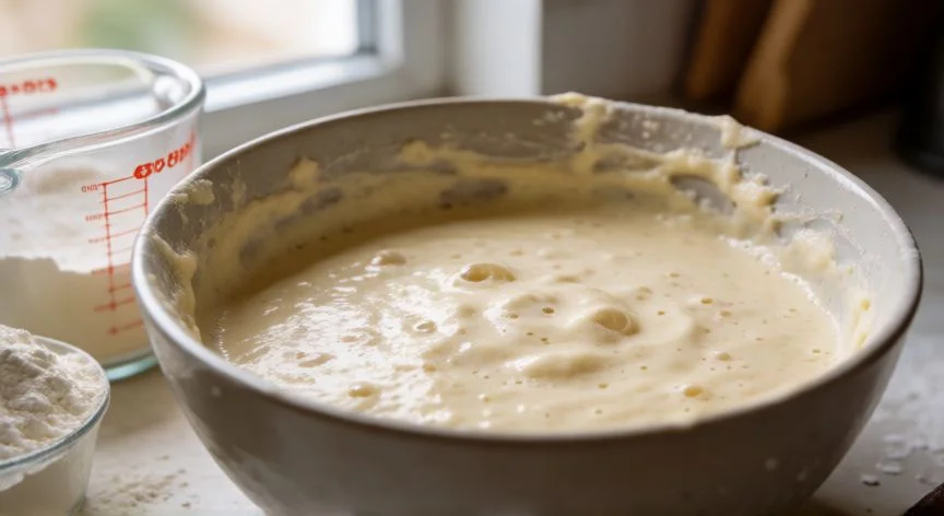 Masa de panqueques esponjosa en un bol lista para cocinar