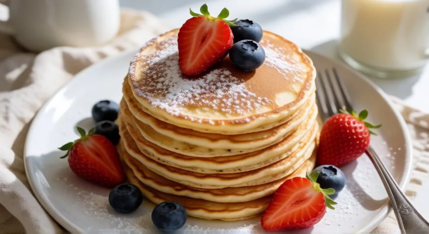 como hacer 8 panqueques, Torre de ocho panqueques dorados con frutas frescas