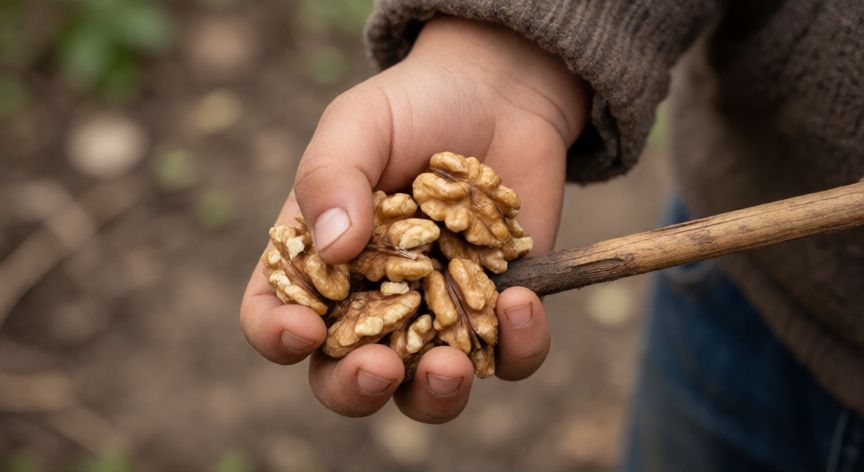 Mano agarrando nueces preparada para dar los 80 golpes con un palo de madera