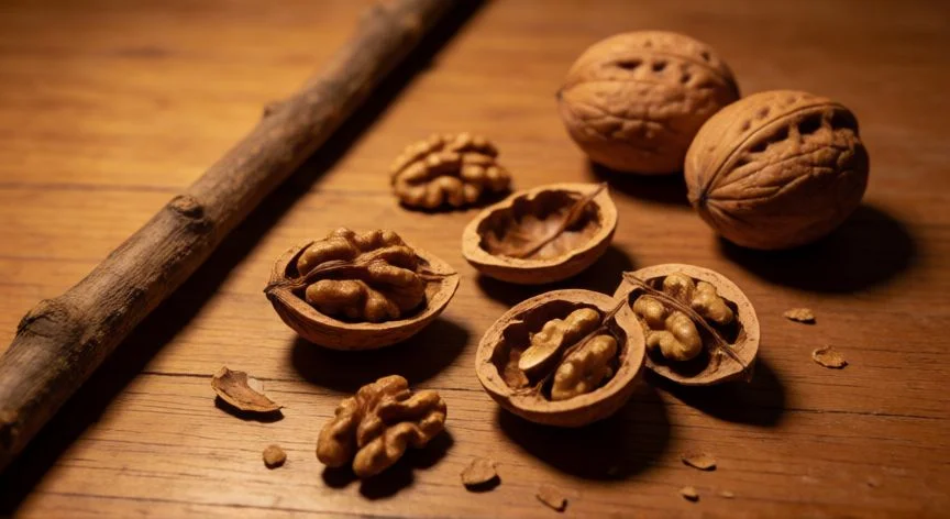 como hacer 80 golpes con nueces, Cáscaras rotas de nueces y palo de madera sobre una mesa de madera tras el juego