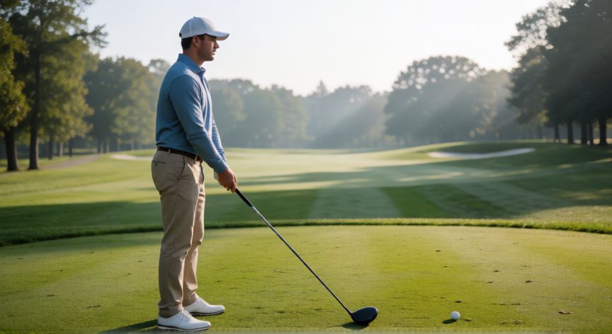 Golfista concentrado en el fairway listo para el drive