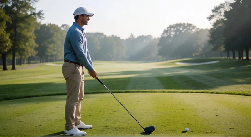 Golfista concentrado en el fairway listo para el drive