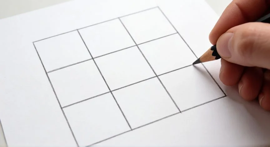 como hacer 9 cuadros en una hoja, Manos de un artista dibujando dentro de una celda de la cuadrícula 3x3 en papel blanco
