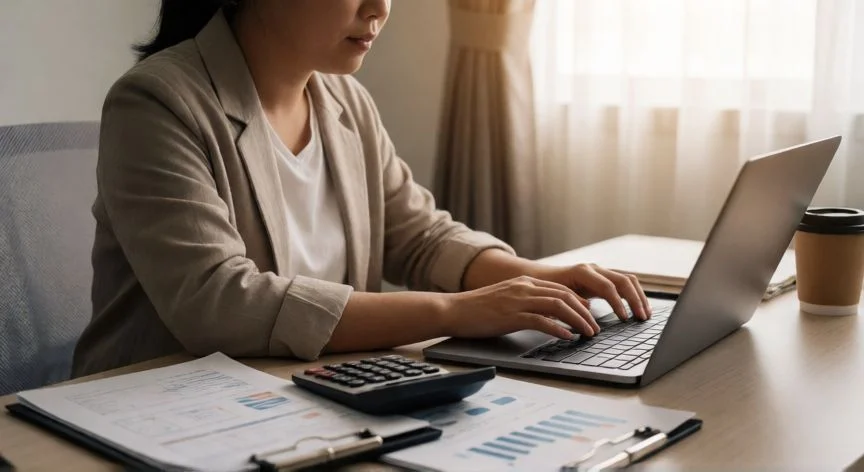 Autónomo calculando sus impuestos en su oficina en casa