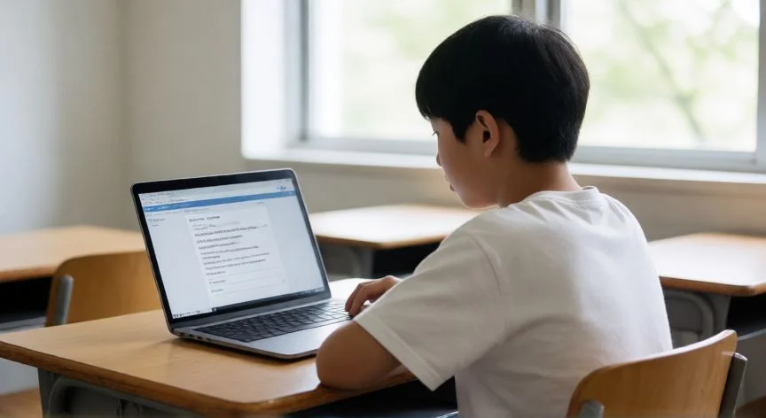 Estudiante concentrado practicando simulacro de examen Cuopé en un entorno de estudio tranquilo