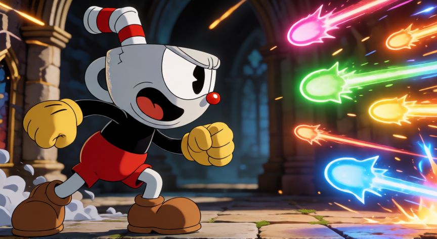 Cuphead esquivando ataques en una batalla de jefe intensa