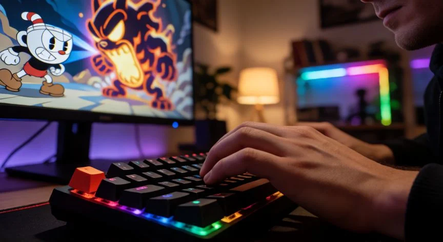 como hacer 99 en copero, Jugador concentrado jugando Cuphead con teclado mecánico