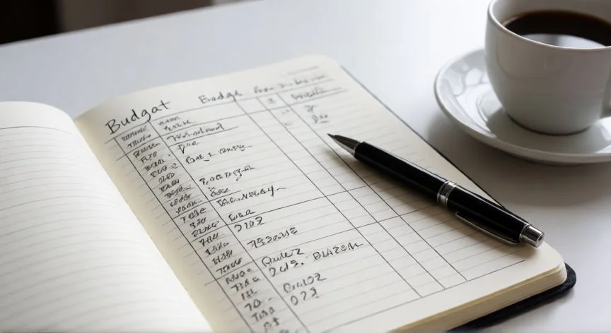Cuaderno con presupuesto y gastos detallados