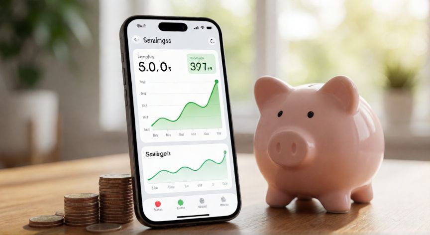 cómo hacer ahorrar, Móvil con app de finanzas y hucha de ahorro