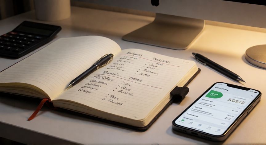 como hacer ahorrar dinero, Cuaderno de presupuesto y calculadora sobre un escritorio moderno
