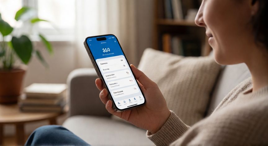 como hacer ahorrar dinero, Persona revisando su aplicación de banca móvil en el sofá
