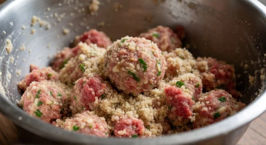 Mezcla de carne para albóndigas con pan rallado y perejil fresco
