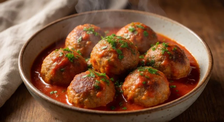 como hacer albondigas, Plato de albóndigas caseras en salsa de tomate con perejil fresco
