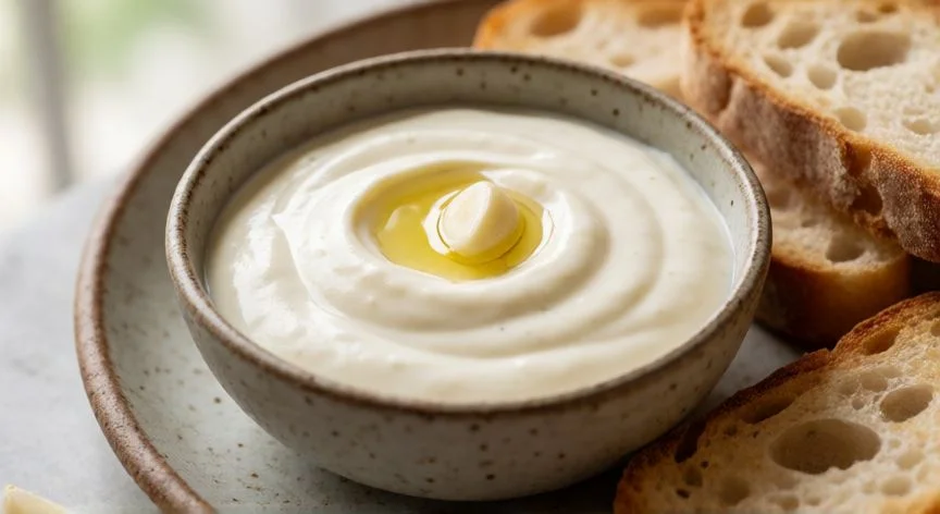 como hacer alioli casero, Bowl of finished homemade aioli sauce served with toasted bread